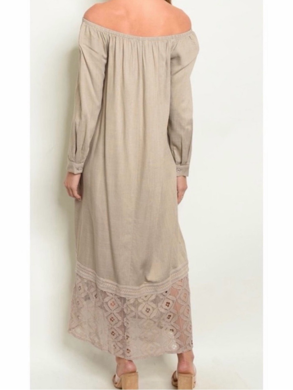 Off-Shoulder Long Sleeve Maxi Dress in Taupe With Lace Bottom - Picture 2 of 2
